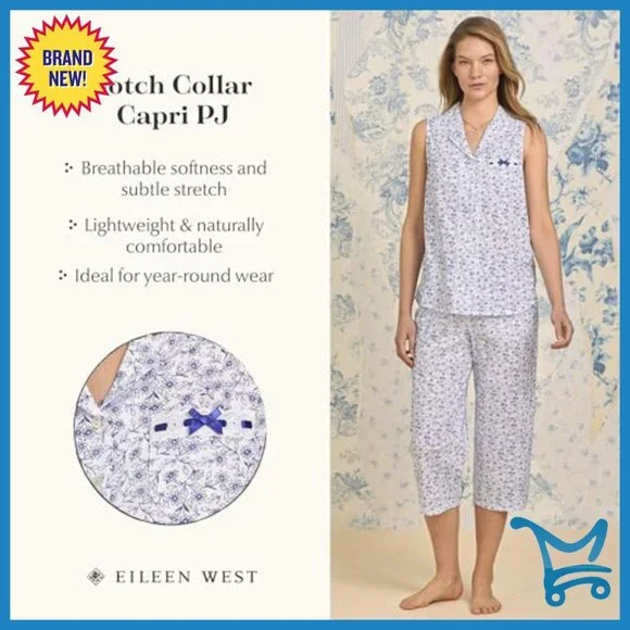 Large 100% Cotton Sleeveless Pajama Set with Capri Pants and Pocket